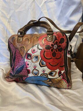 Anna by Anuschka Hand Painted Leather Satchel Multicolor Floral Abstract Purse